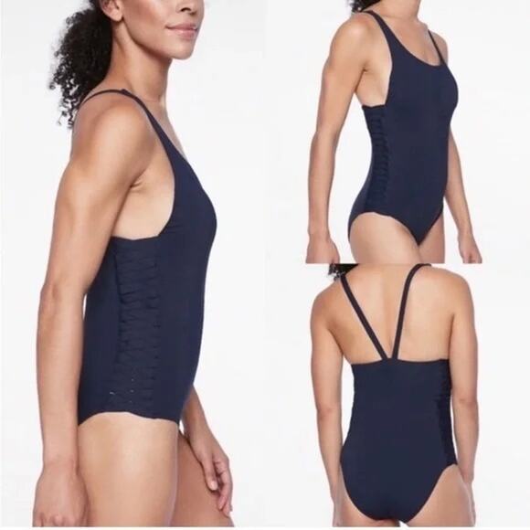 NWT $108 Athleta Swimsuit XL Adriata One Piece UPF Navy Blue Slimming Fit NEW - Picture 1 of 10